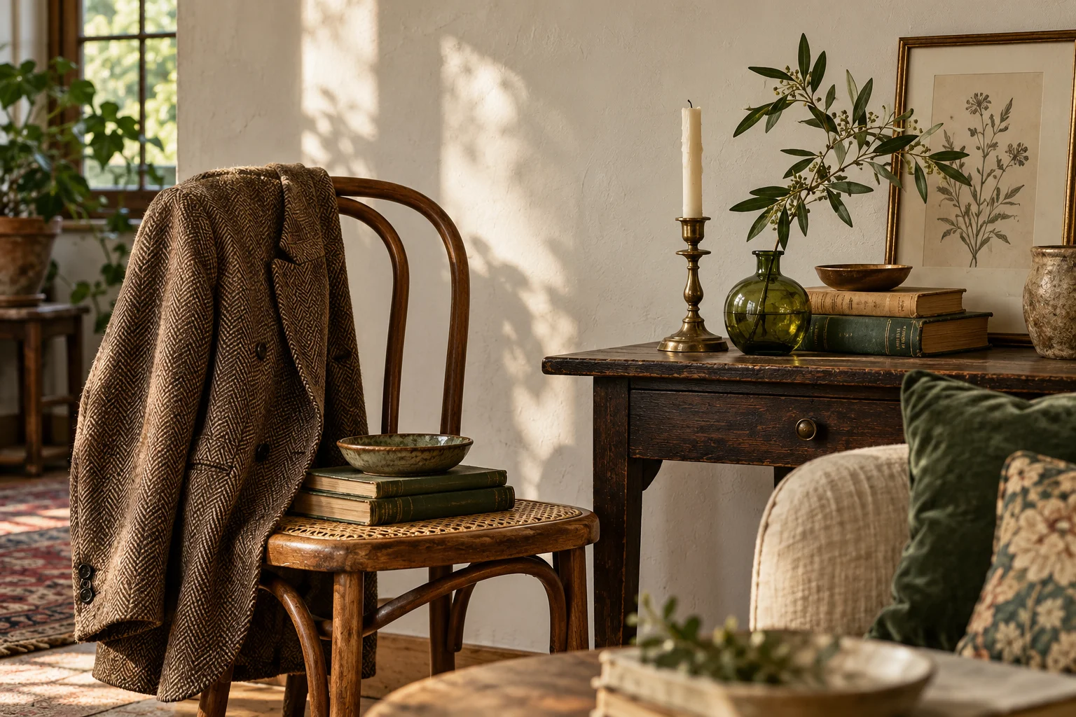 Styling inspiration: a tweed blazer, vintage wood furniture, green glass, and brass in afternoon light
