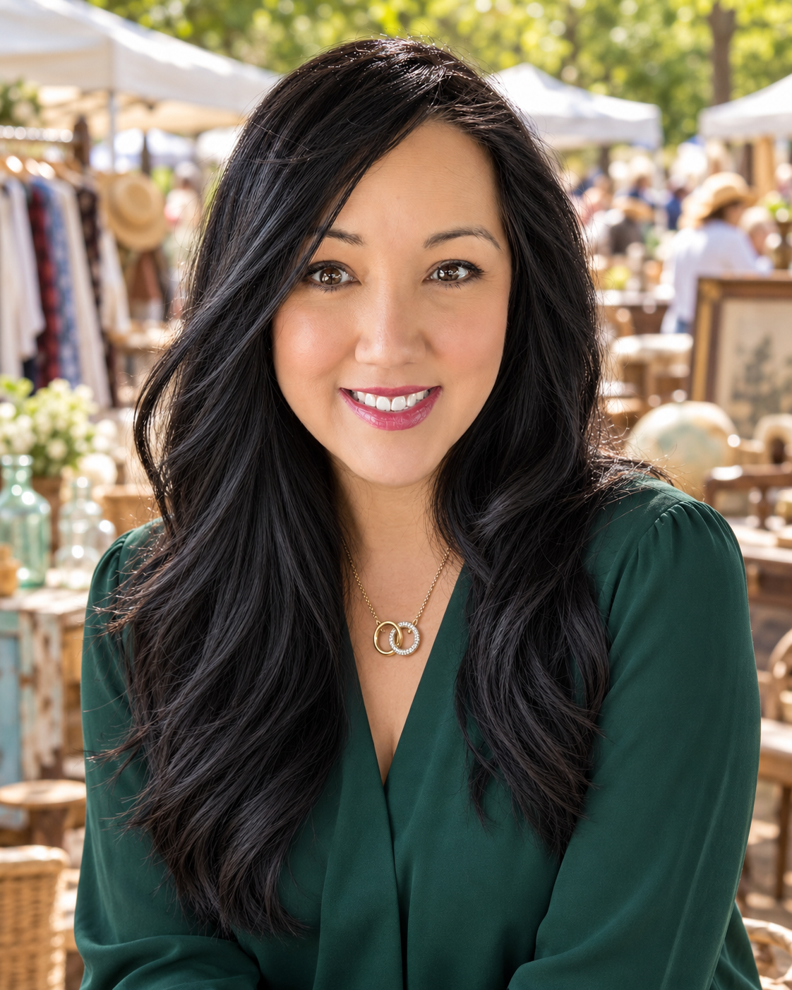 Lan in an emerald blouse with an outdoor vintage market backdrop